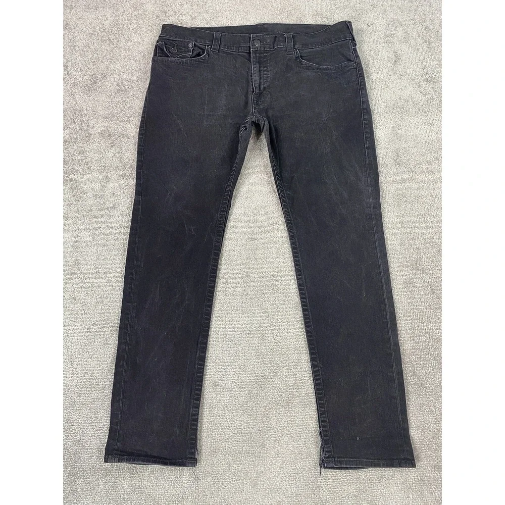 True Religion Jeans Mens 42x33 Black Denim World Tour Rocco Relaxed Skinny Logo